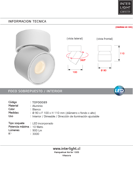 Foco sobrepuesto dimeable aluminio blanco basculante Ø 9 cm LED 10W - TOFO0089