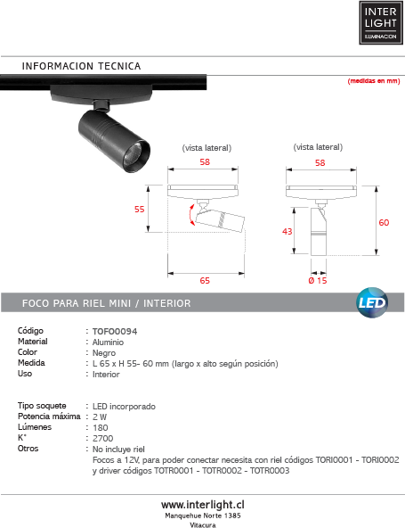 Foco riel magnético mini negro LED 2 W 2700k TOFO0094