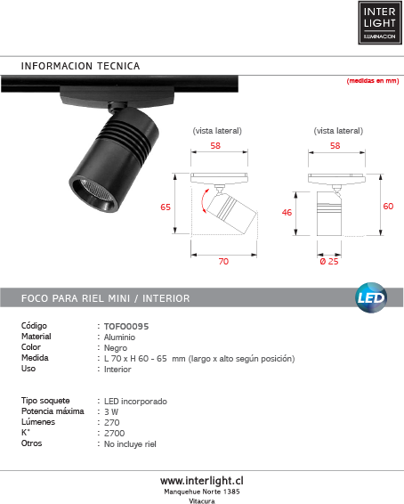 Foco riel magnético mini negro LED 3W 2700k 12V - TOFO0095