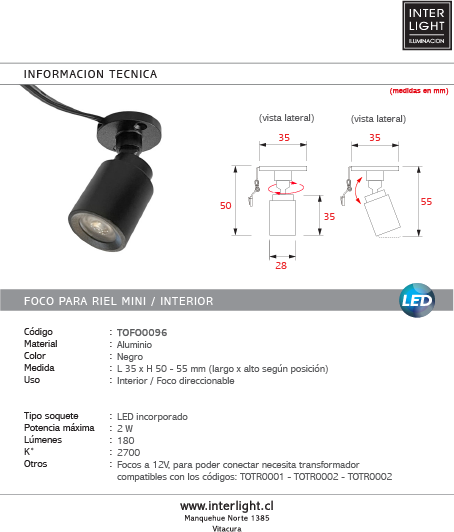 Foco Sobrepuesto mini 2W 2700K Negro 12V - TOFO0096