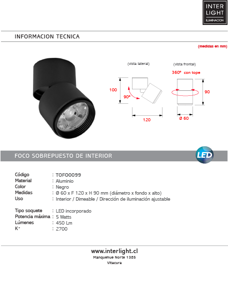 Foco Sobrepuesto aluminio negro Ø6x90 dimeable 5W LED - TOFO0099