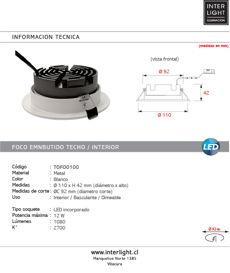 Foco embutido dimeable metal blanco baculante Ø 11 cm LED 12W - TOFO0100