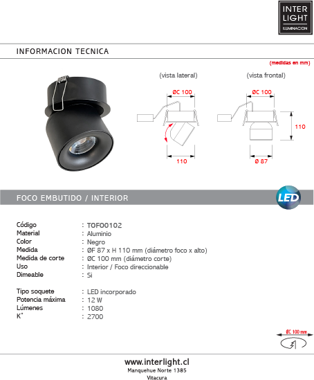 Foco embutido aluminio negro 8x11 cm  12W 2700K DIM - TOFO0102