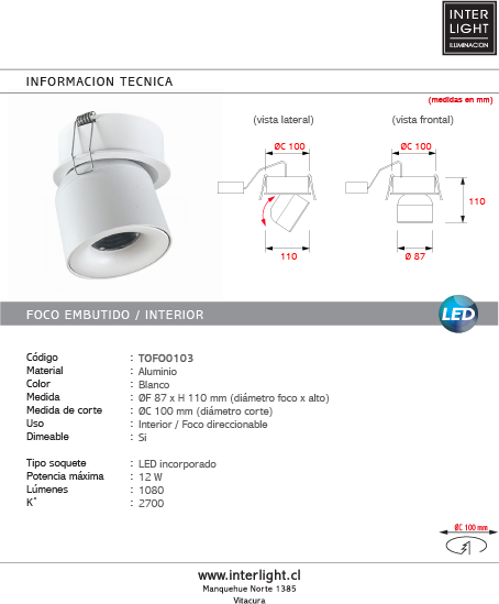 Foco embutido aluminio blanco 8x11 cm  12W 2700K DIM - TOFO0103