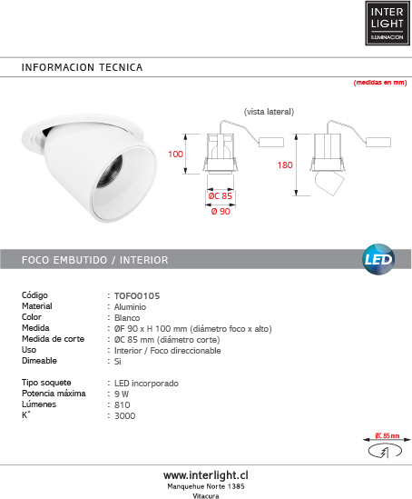 Foco embutido aluminio blanco 9x10 cm dimer 2700k 9W  - TOFO0105