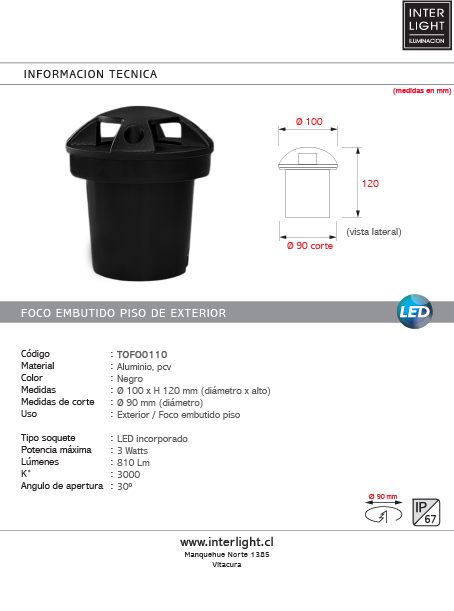Foco piso embutido con protección IP67 Negro 3W  - TOFO0110
