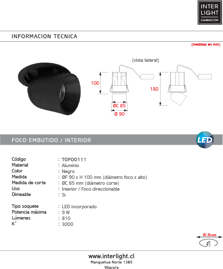 Foco embutido aluminio negro 9x10 cm dimer 2700k 9W  - TOFO0111