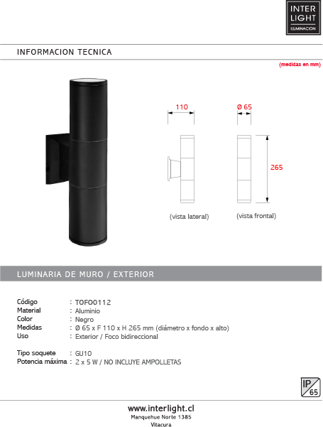 Foco muro exterior negro IP65 Ø6,5x26,5 cm 2 luces GU10 - TOFO0112