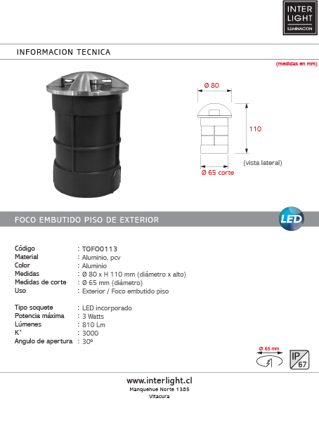 Foco piso embutido con protección aluminio  IP67 3W - TOFO0113