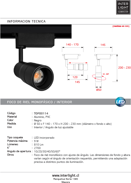 Foco de riel monofásico negro angulo de luz ajustable 9W LED- TOFO0114