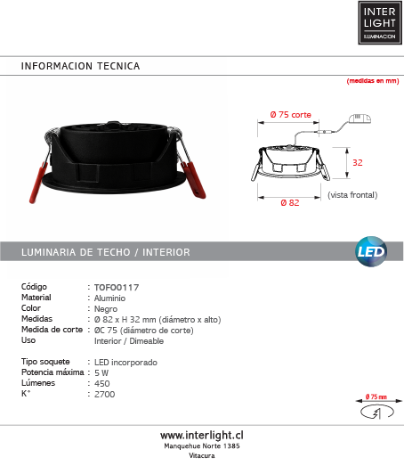 Foco embutido aluminio negro dimeable 5W LED - TOFO0117