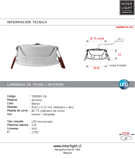 Foco embutido aluminio blanco dimeable 5W LED - TOFO0118
