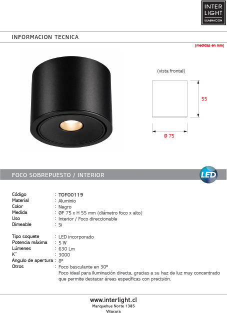 Foco sobrepuesto aluminio negro basculante dimeable  5W LED - TOFO0119