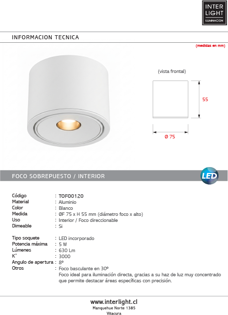 Foco sobrepuesto aluminio blanco basculante dimeable  5W LED  - TOFO0120
