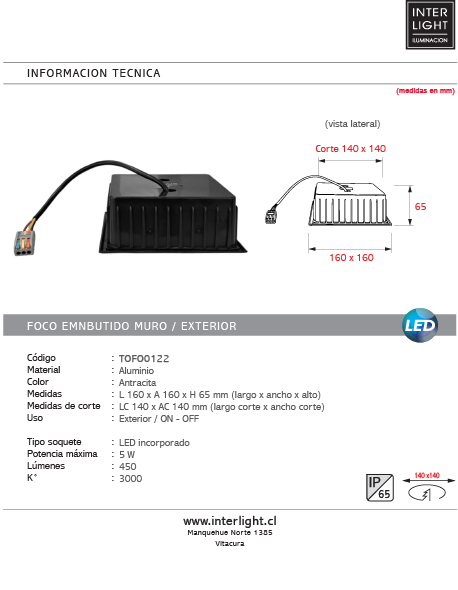 Foco embutido Pared antracita 16x16cm 5W  LED IP65  - TOFO0122