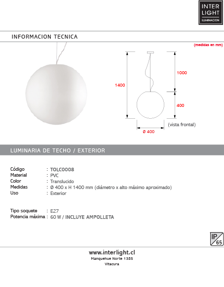 Lámpara colgante exterior pvc Ø40 cm E27- TOLC0008