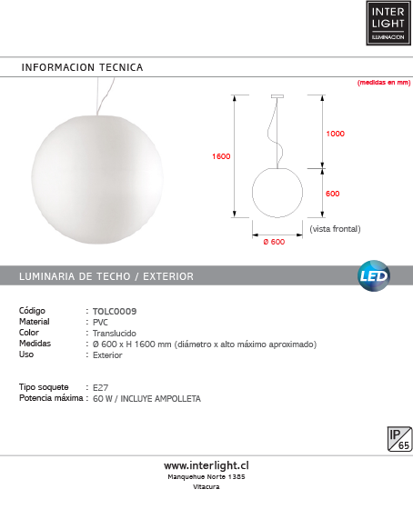 Lámpara colgante exterior pvc Ø60 cm E27 - TOLC0009