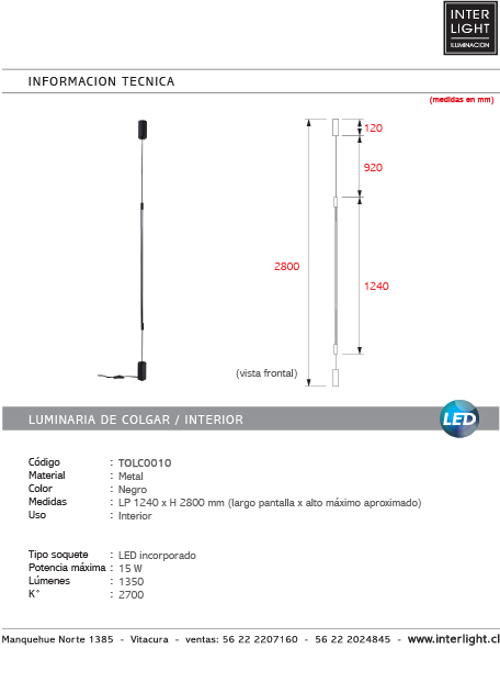 Lámpara colgante metal negro 1,24x2.80 metro LED 15W - TOLC0010