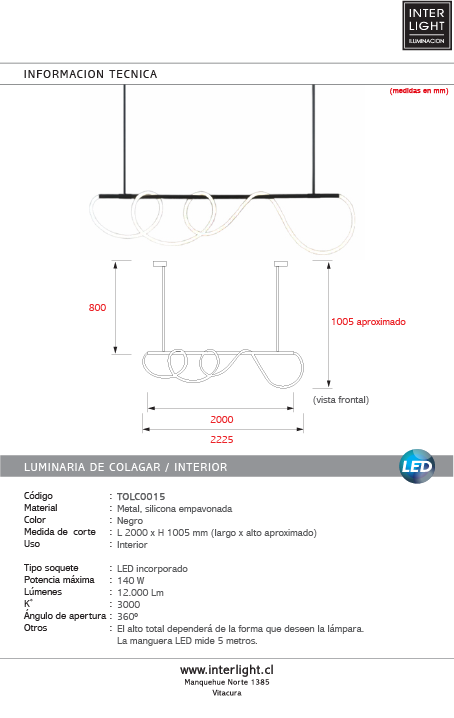 Lámpara colgante metal negro 200 cm 140W  LED - TOLC0015
