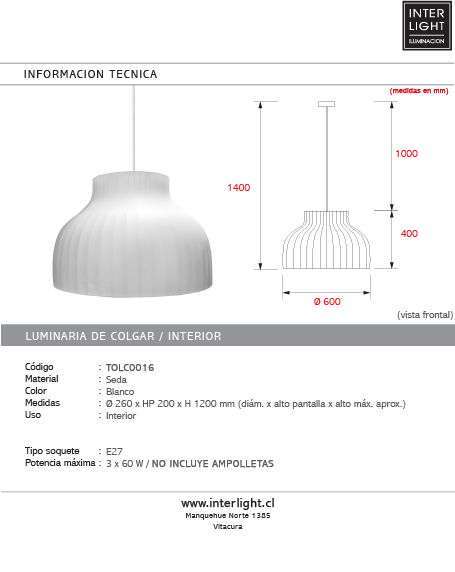 Lámpara colgante seda blanco Ø60x40 cm E27 - TOLC0016