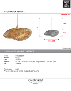 Lámpara colgante natural ratán 50 cm E27 - TOLC0017