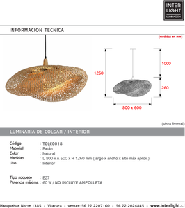 Lámpara colgante ratán natural 80 cm E27 - TOLC0018