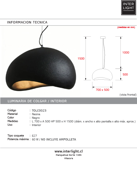 Lámpara colgante resina Negra Ø70 cm E27 - TOLC0023