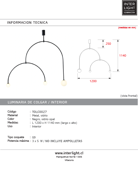 Lámpara colgante metal negro vidrio opal 1.20 cm G9 3 luces - TOLC0027
