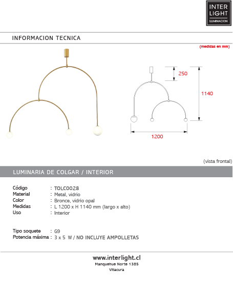 Lámpara colgante metal bronce vidrio opal 1.20 cm G9 3 luces - TOLC0028
