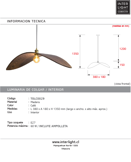 Colgante madera café 38 cm E27 - TOLC0029
