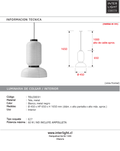 Lámpara textil blanco Ø45x65 cm E27 - TOLC0031