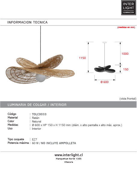 Lamapara ratán natural Ø60 cm E27 - TOLC0033