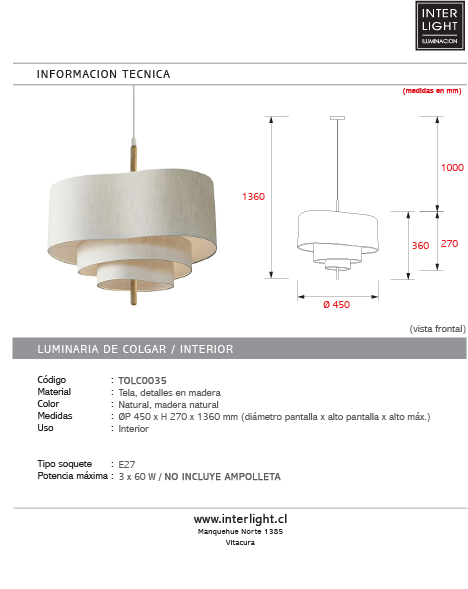 Lámpara colgante tela detalles en madera Ø45X27cm E27 - TOLC0035