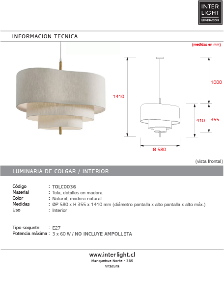 Lámpara colgante tela detalles en madera Ø58x35.5cm E27 - TOLC0036