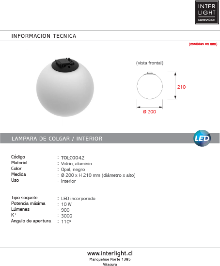 Lámpara colgante negro 10w Ø20x21CM 3000k 48v - TOLC0042
