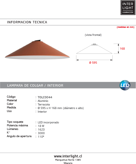 Lámpara colgante terracota 18w Ø59.5x16.8CM 3000k 48v - TOLC0044