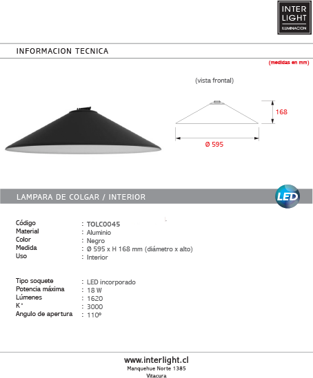 Lámpara colgante negro 18W Ø59.5x16.8CM 3000k 48v - TOLC0045