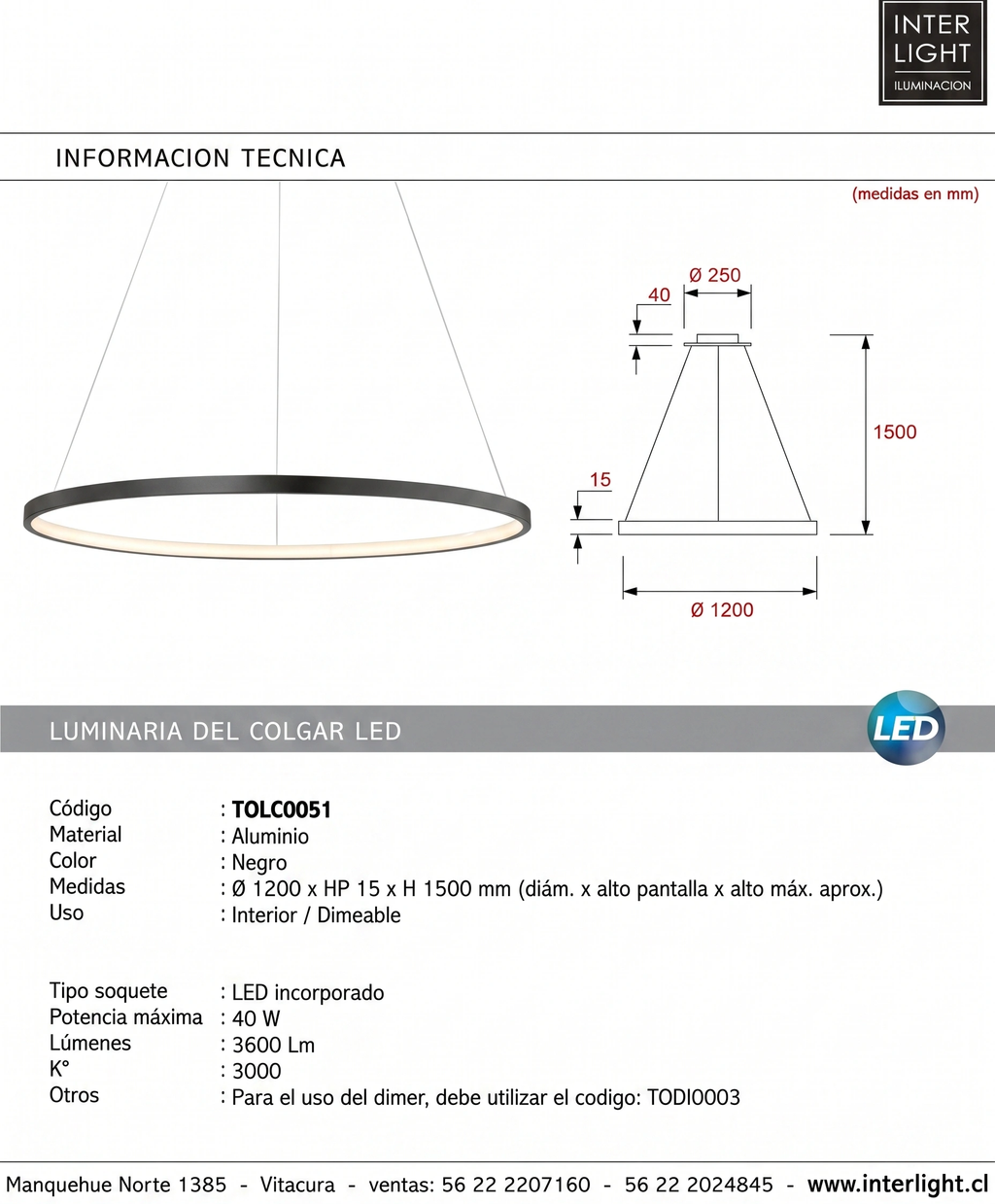 Lámpara colgante aluminio negro aro dimeable Ø 120 cm LED 40W - TOLC0051