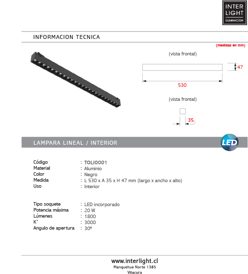 Lámpara lineal negro 3000K 20w 48v - TOLI0001