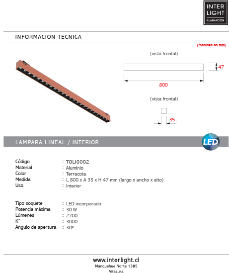Lámpara lineal terracota 3000K 30w 48v - TOLI0002