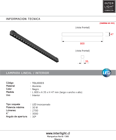Lámpara lineal negro 3000K 30w 48v - TOLI0003