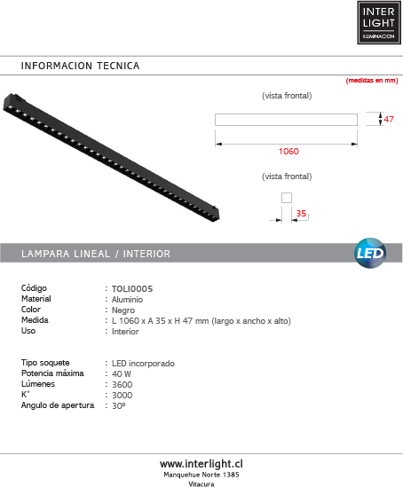 Lámpara lineal negro 3000K 40w 48v - TOLI0005