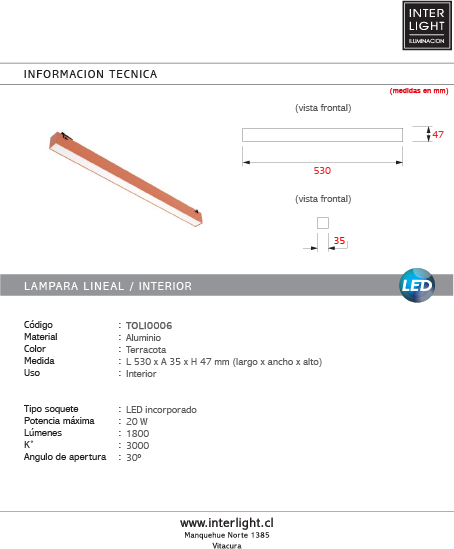 Lámpara lineal terracota 3000K 20W 48v - TOLI0006