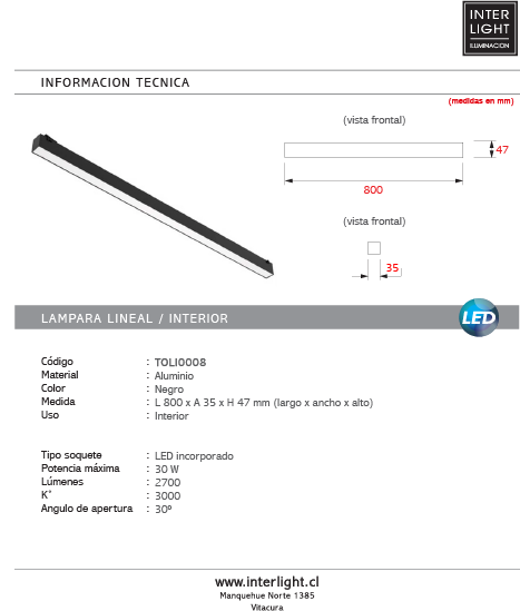 Lámpara lineal negro 3000K 30w 48v - TOLI0008