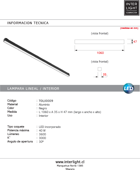 Lámpara lineal negro 3000K 40w 48v - TOLI0009