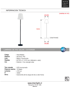 Lámpara de pie pvc metal exterior solar Ø23cm 18W LED - TOLP0003