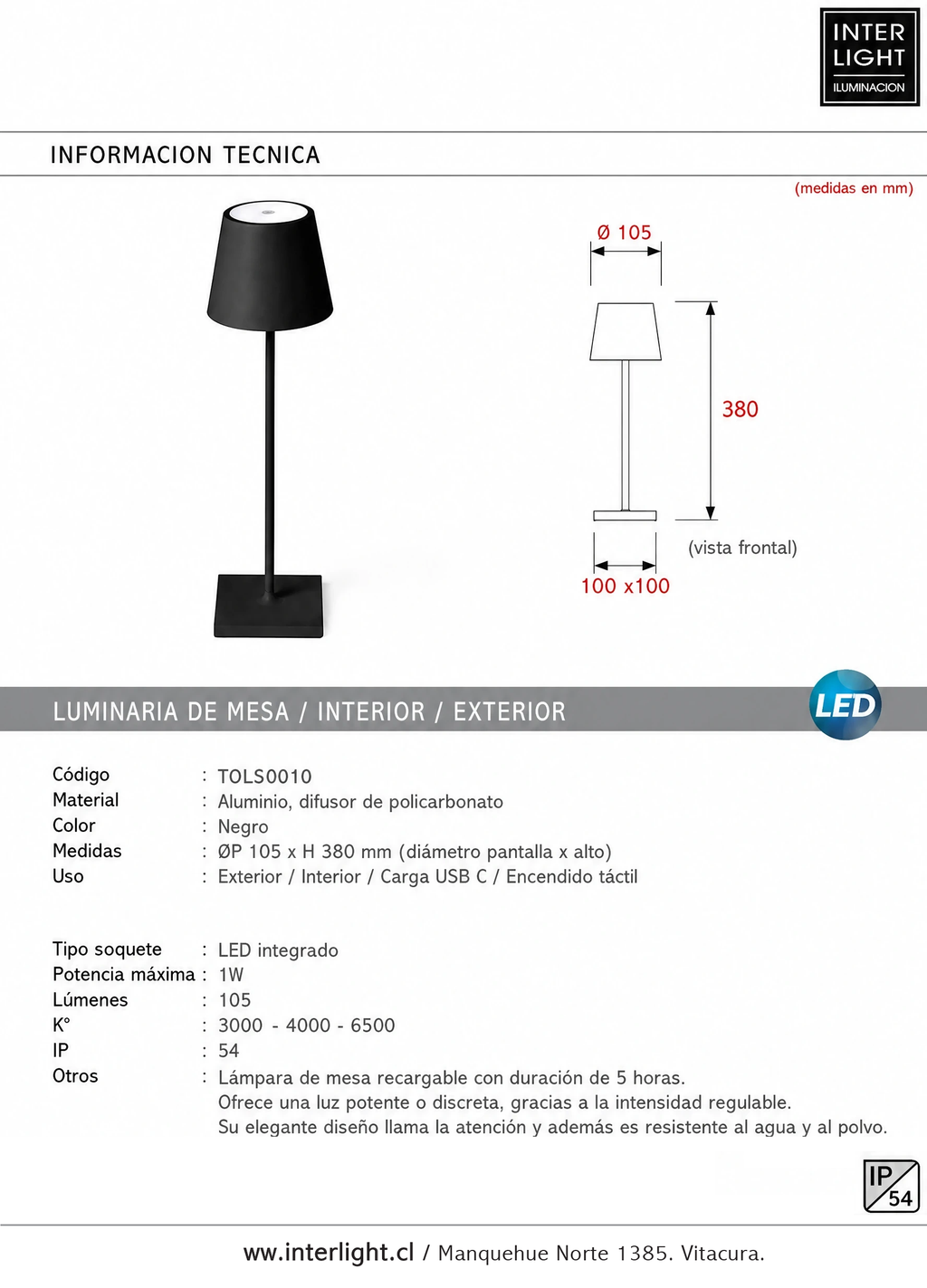 Lámpara sobremesa aluminio negro Ø 10,5x38 cm LED 1W - TOLS0010