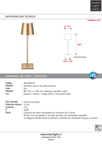 Lámpara sobremesa aluminio oro Ø 10,5x38 cm LED 3,5 W - TOLS0015