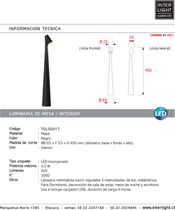 Lámpara sobremesa minimalista metal negro Ø6.5x45 cm LED 4,5W - TOLS0017