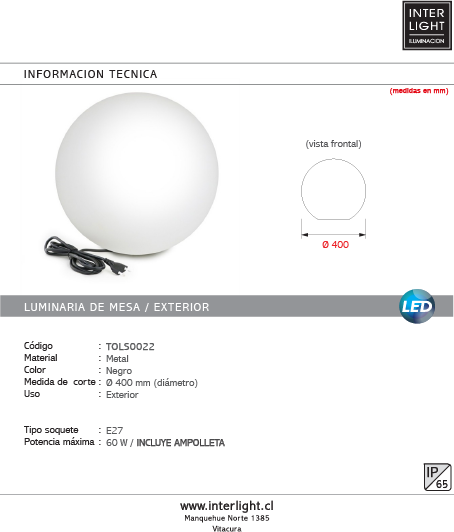 Lámpara sobremesa exterior pvc Ø40 cm E27 - TOLS0022